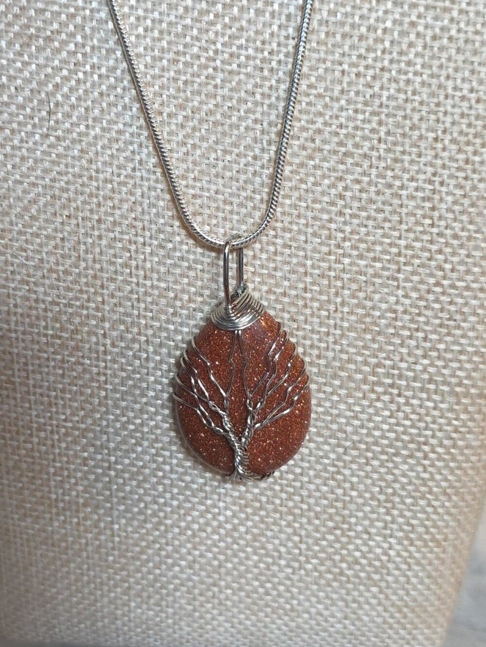 Red Goldstone Tree of Life Wire Wrapped Pendant Necklace NWOT